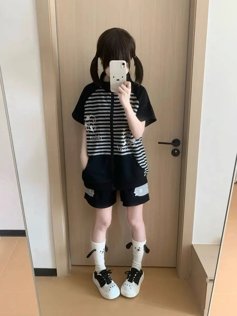 Y2k Japanese Short Sleeve Hoodie Sweet Women Casual Bodycon Kawaii Top Stand Collar Cat Embroidery Zipper Spring Summer
