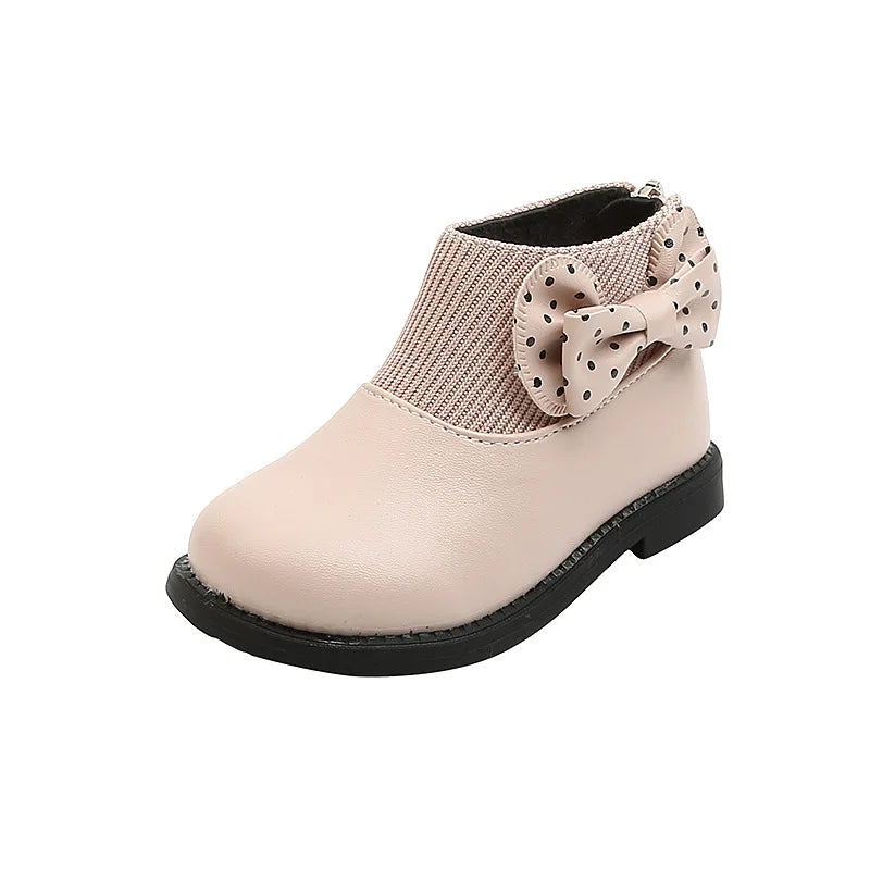 Children's Cotton Boots Winter New Kids Shoes Bow Girls Soft Bottom PU Leather Boots Baby Side Zipper Design Boots Toddler Shoes