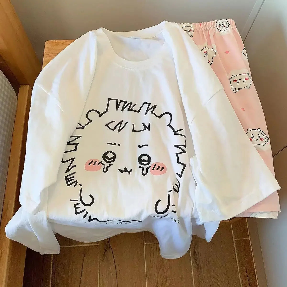 yiji Pajamas Girls Summer Thin Round Neck Short Sleeve Shorts Home Clothes Set ハチワレ Hachiware うさぎ USAG Cute Pajamas