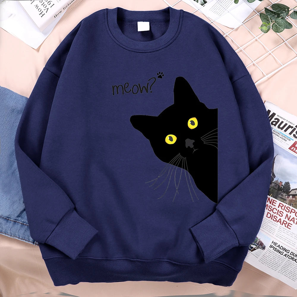 Meow The Black Cat Stared Intently Hoody Men Women Personality Loose Sweatshirts O-Neck Oversize Clothing Pullover Hoody Couple