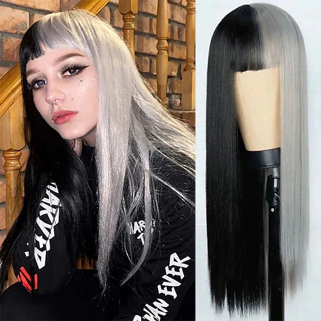 Wigs for Women Yellow and Black Wig Long Straight hair Cosplay Wig Halloween wig Two Tone Ombre Color Women Synthetic Hair Wigs