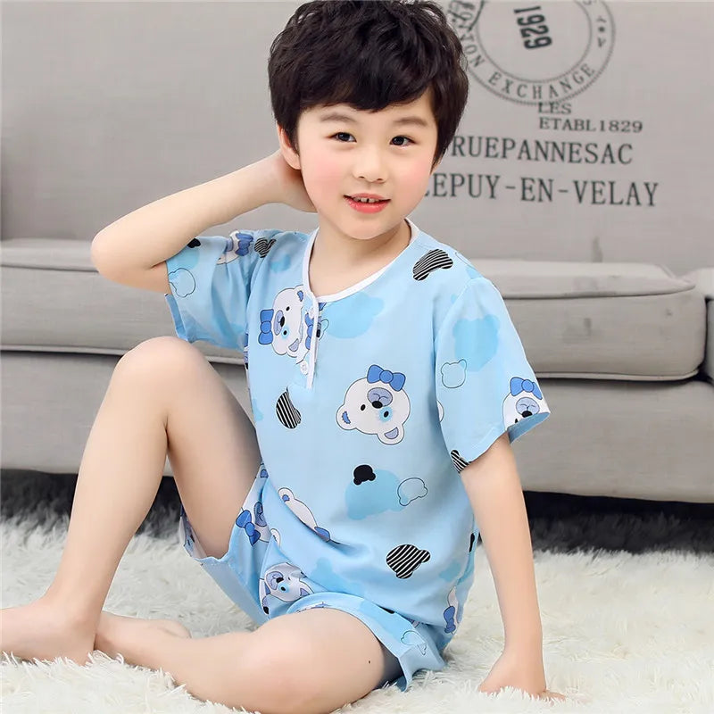 Kids Boys Girls Pajamas New 2023 Summer Thin Cute Cartoon Short Sleeve O-Neck Casual Tops with Shorts Baby Sleeping Clothing Set