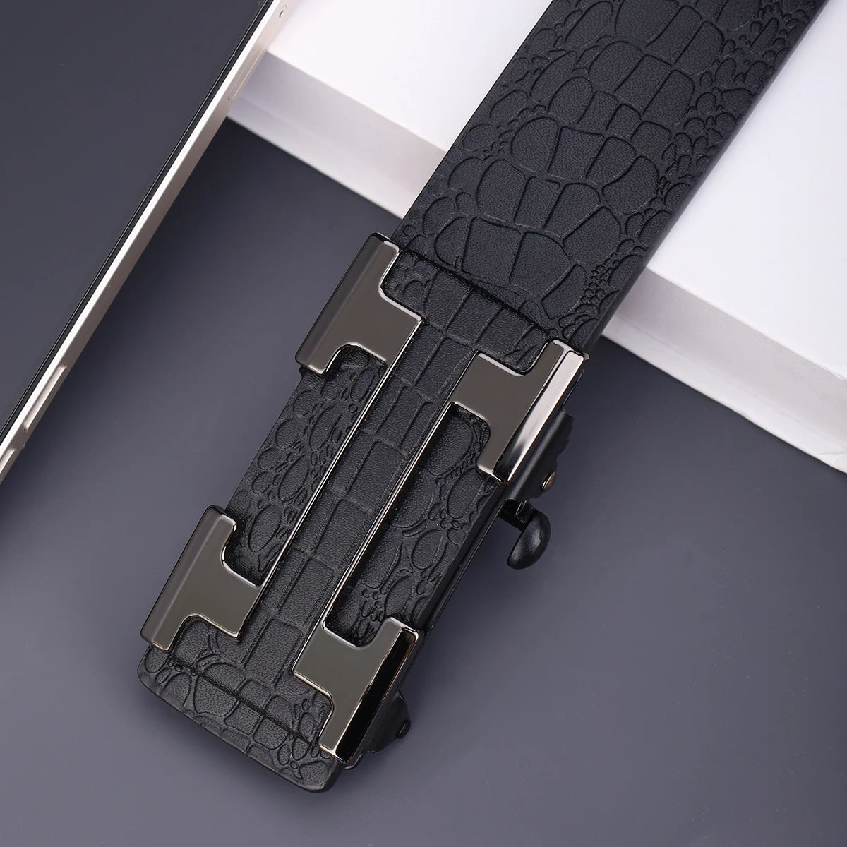 Men's Fashionable Work Business Belt with Metal Automatic Buckle Durable Everyday Use Design Perfect Gift Choice
