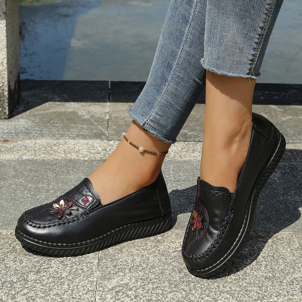 Women's Floral Slip-On Loafer Flats, Faux Leather Upper with Hand Stitching Details, Low Wedge Walking Shoes for Mature Ladies
