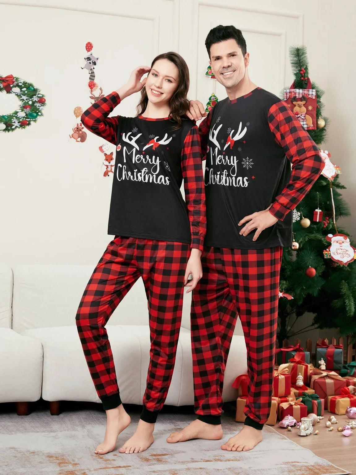2024 New Merry Christmas Family Pajamas Set Adults Kids Matching Clothes Plaid Print Cute Soft 2 Pieces Suit Sleepwear Xmas Look