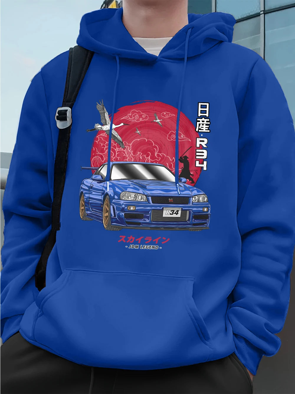 Nippon Jdm Skyline Gtr R34 Prints Mens Hoodies Autumn Pocket Sweatshirt Basics Fleece Warm Loose Pullover Korean Men'S Clothes