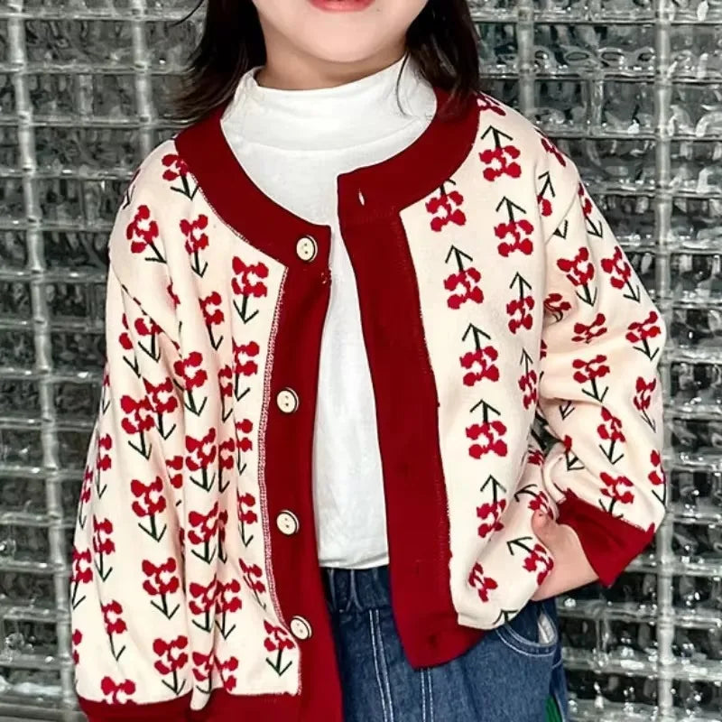 1-7T Children Long Sleeved Jacket Fur Padded Cute Girls Coat Kids Autumn Sweet Cherry Checkered Pattern Warm Cardigan Outwear