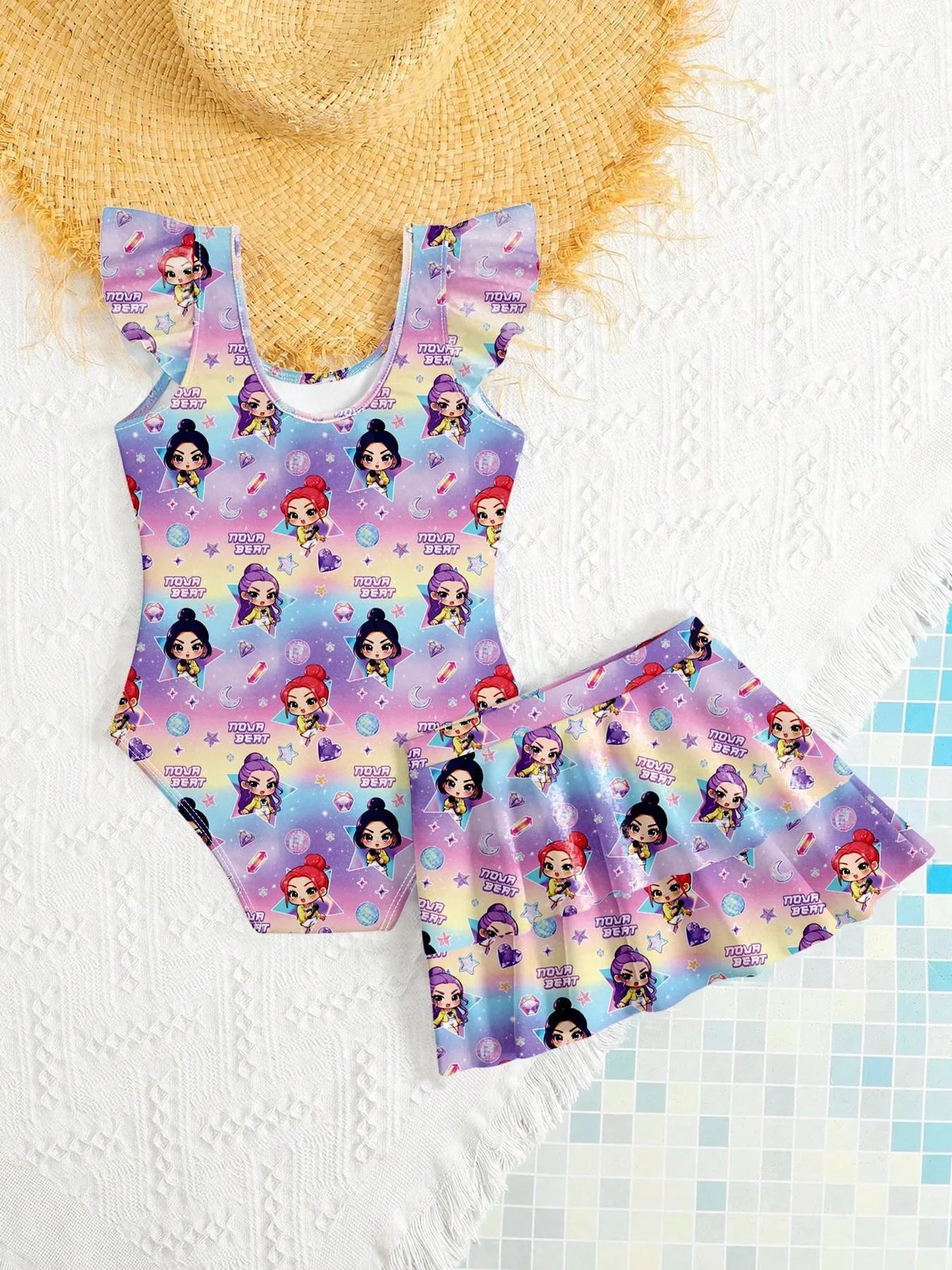 Girls Cartoon Print Swimsuit – 2-in-1 One-Piece Swimwear with Skirted Bottom for Kids Beachwear