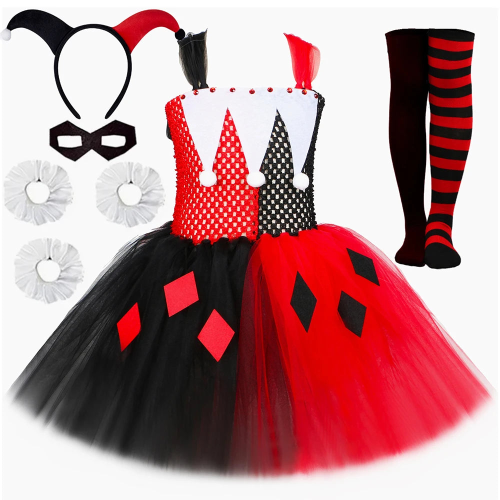 Kids Clown Costume for Girls Red & Black Joker Tulle Tutu Dress Outfits Toddler Girls Halloween Carnival Party Dress Up Clothes