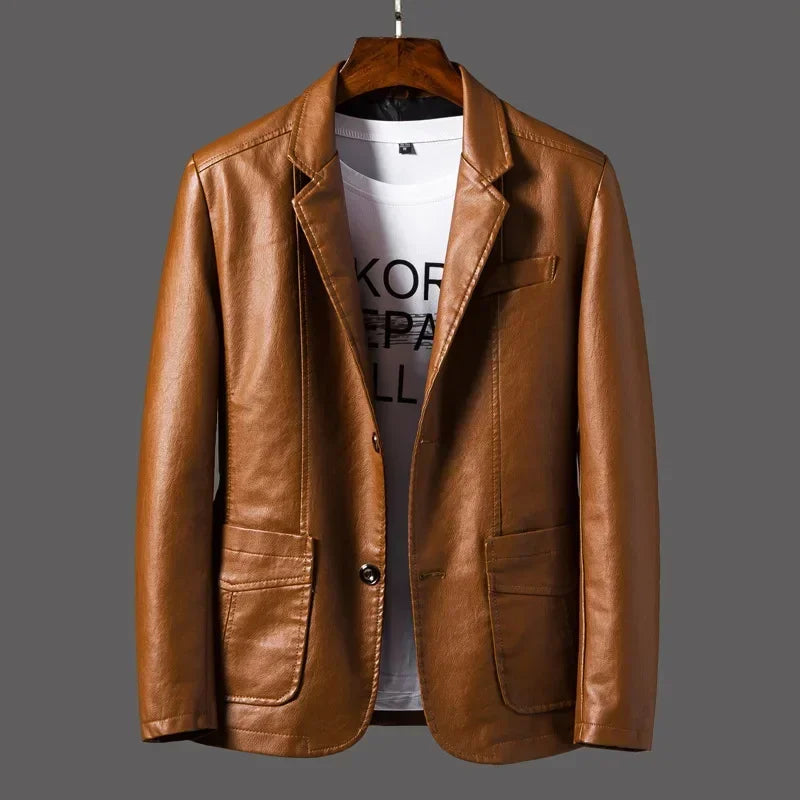 2024 Men's Leather Jackets Lapel Business Pu Blazers Men Solid Casual Slim Button-up Leather Coats Autumn Outwear Plus Size 6XL