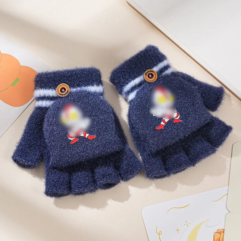 Children's Warm Gloves for Boys and Girls Cartoon Cute Half Finger Knitted Winter Flip Cover Baby Thick Cold Proof Five Fingers
