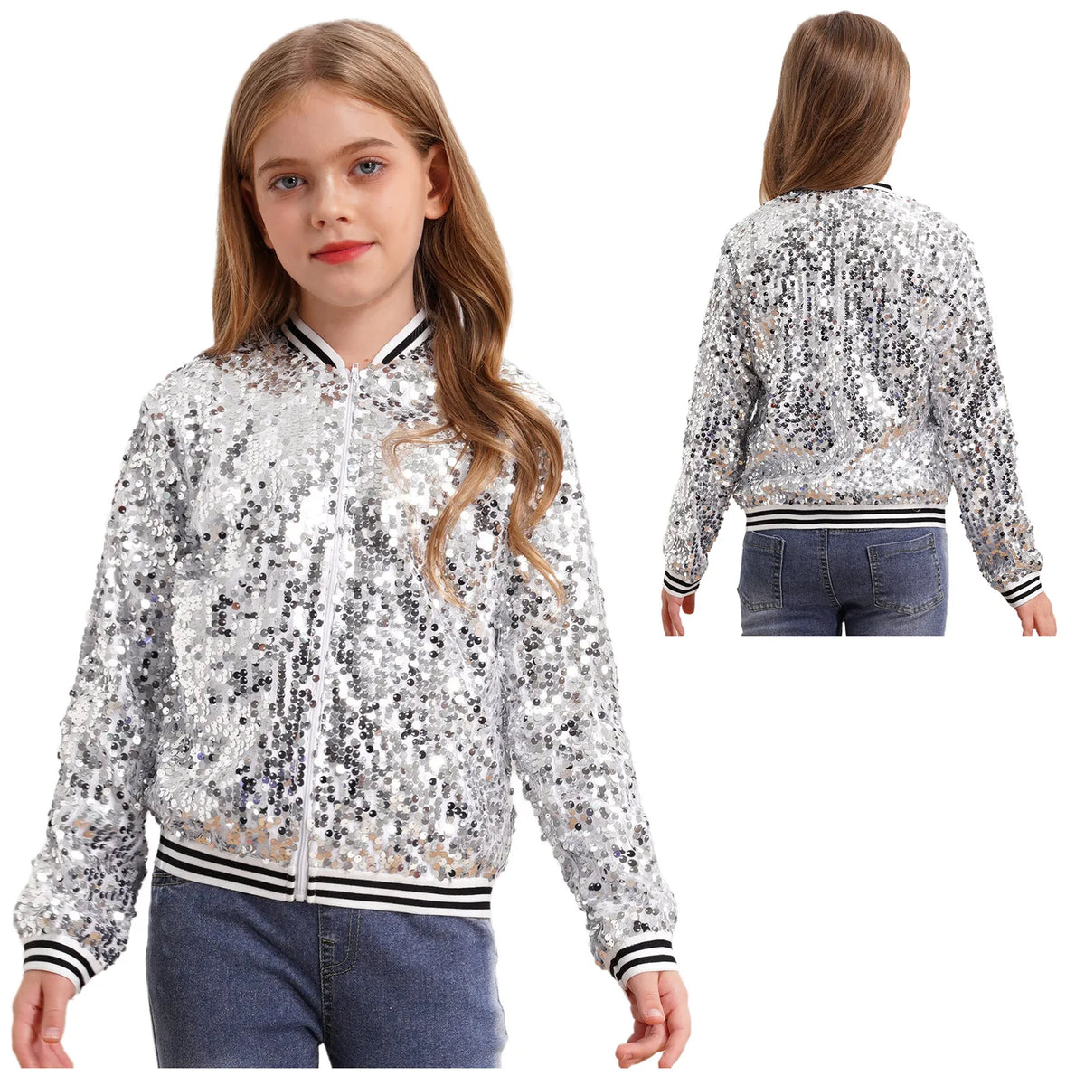 Kids Girls Long Sleeve Fashion Sequin Baseball Jacket Bomber Coat Hip Hop Jazz Street Dance Cheerleading Performance Dancewear