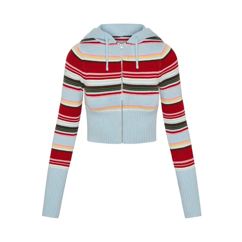 Hooded Striped Full Zip Cropped Knit Jacket Color-Block Slim 2025 Autumn Causal Women Outerwear Fashion Daily Chic Lady Coat