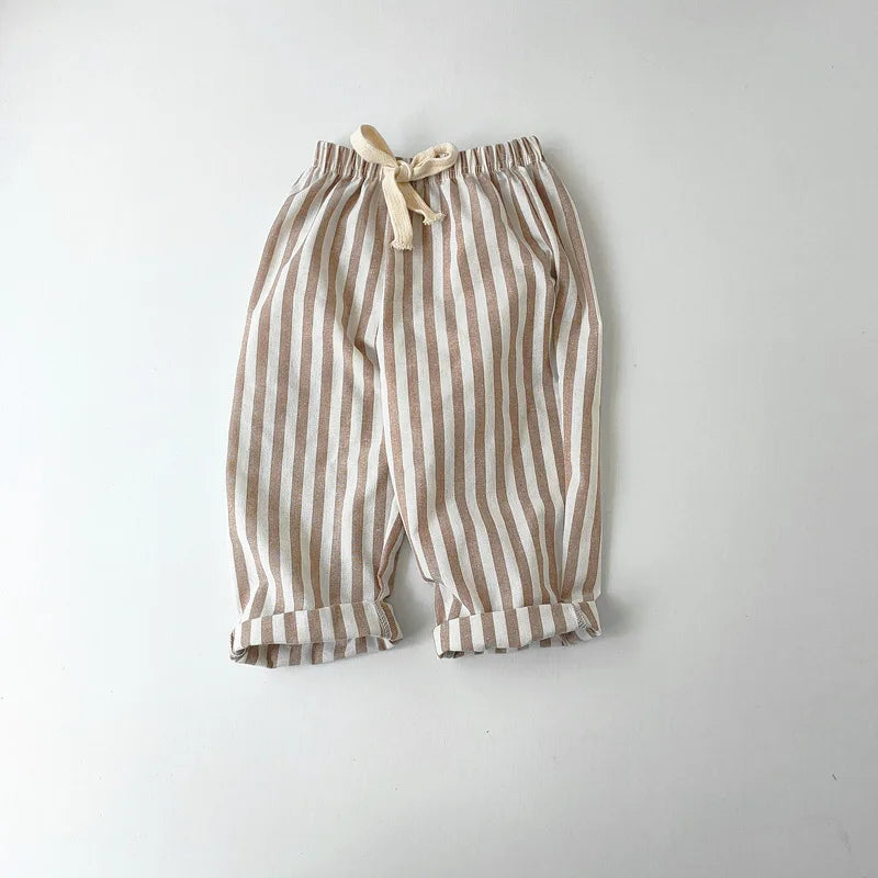 Linen Cotton Stripe Pants for Boys Girls Summer Autumn Casual Loose Kids Children's Trousers