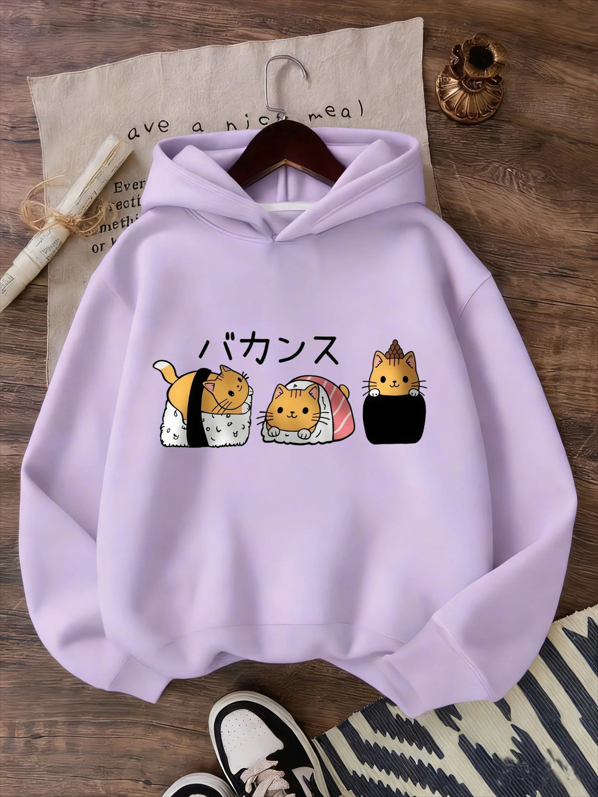 Autumn/Winter Children's Hooded Sweatshirt with Cute Cat and Sushi Print for Boys and Girls, Long-Sleeved Top Sweater