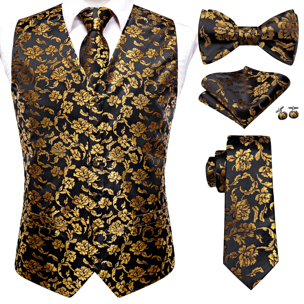 Luxury Gold Mens Suit Vest Red Blue Green Yellow Red Waistcoat Tie Bowtie Hanky Cufflinks Set Male Waist Jacket Wedding Office