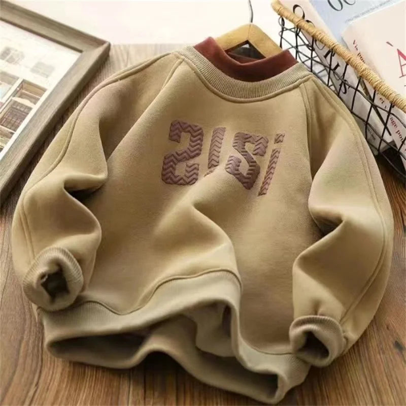 Warm Boys Thick Sweatshirts Children Plus Velvet Pullover Kids Winter Casual Clothes Teenager Autumn Printed Sport Shirts 4-14Y