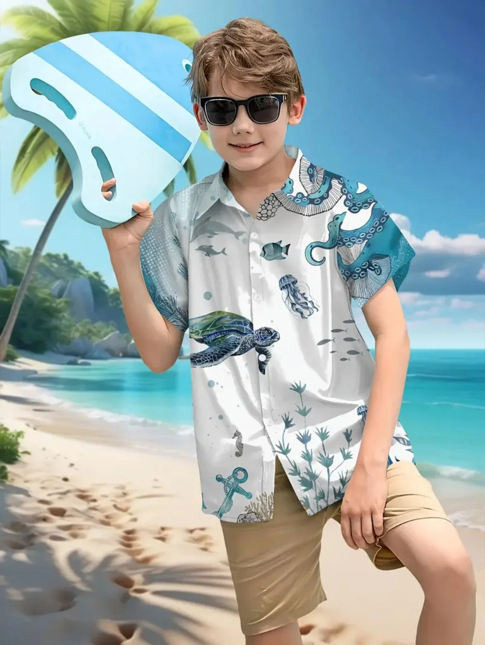 Kid's Boys Top Fashion Personality Print Pattern Stand-Up Collar Short Sleeved Shirt Summer Clothes for Children Boy's 3-9 Years