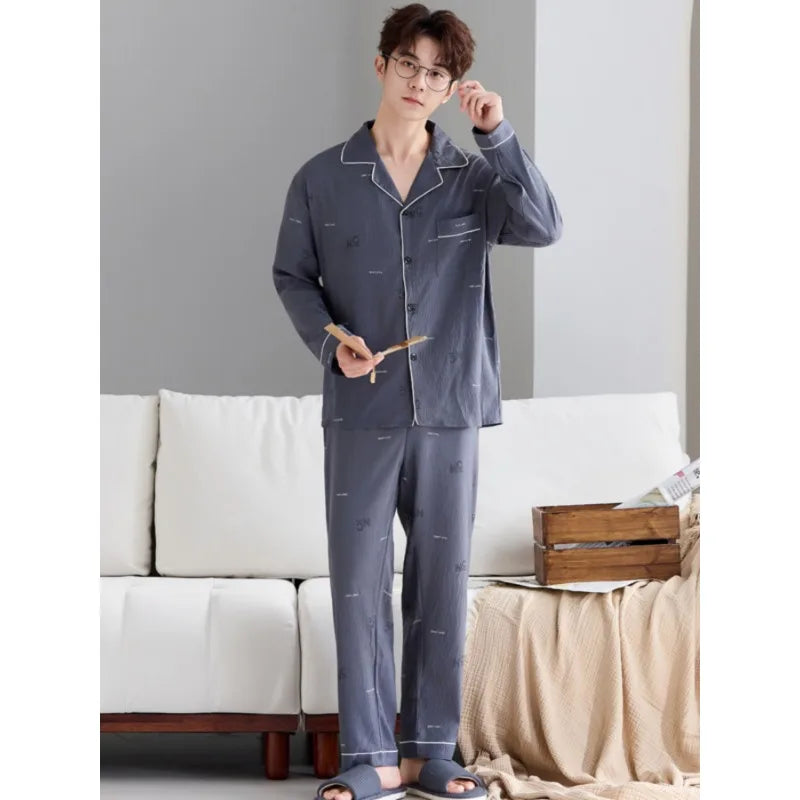 Men's Pajama Set for Spring & Autumn, Simple All-Match Long Sleeve & Long Pants Loungewear, Fashion Handsome Daily Homewear