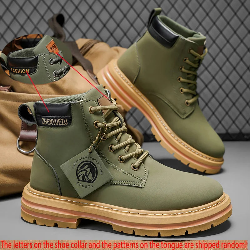 Men's Retro High-Top Boots, Height-Increasing, Non-Slip, Thick-Soled, Wear-Resistant, Windproof and Durable