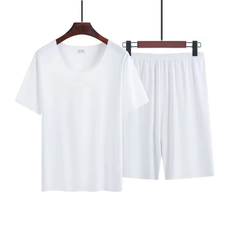 Two-Piece Men's Ice Silk Pajamas Men's Summer Thin Modal Short-Sleeved Pajamas Homewear Men's Large Size Pajamas Homewear Set