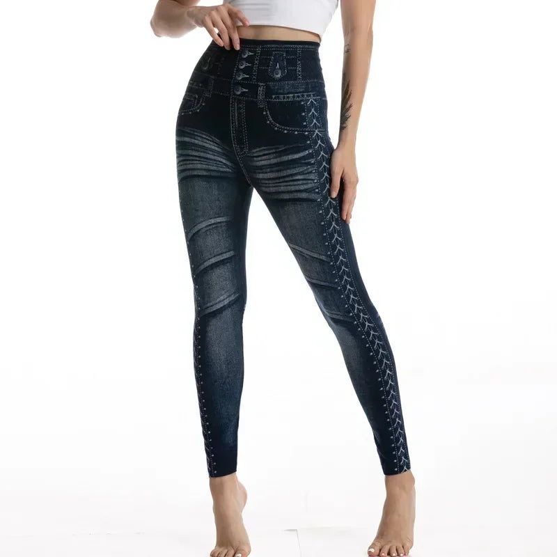 High Waist Faux Denim Jean Leggings Slim Elastic Seamless Skinny Pencil Pant Summer Female Workout Fashion Denim Jeans Leggings