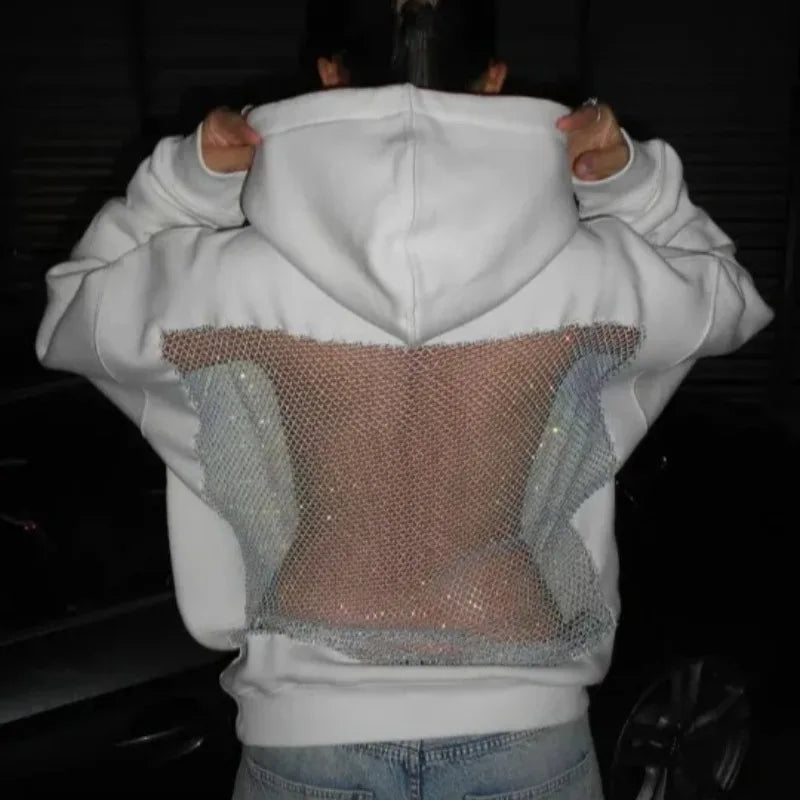 Women’s Backless Hollow Mesh Hoodie Long Sleeve Solid Color Sweatshirt Casual Top for Autumn and Winter Perfect Christmas Gift