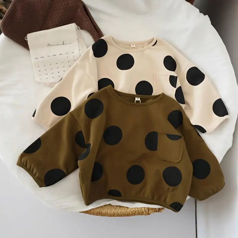 Korean Children Boy Sweatshirt Cotton Retro Dot Printed Toddler Kid Boyd Basic Shirts Loose Round Collar Kids Baby Boy Pullovers