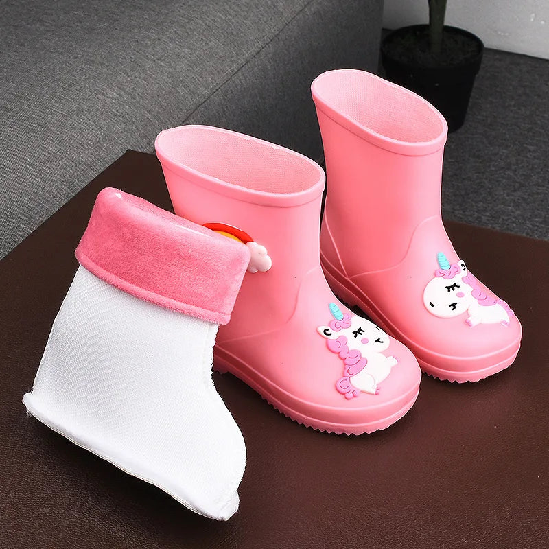New Kids Rain Boots Boys Girls Rainbow Water Shoes Toddlers Garden Shoes Kids Cartoon Drawstring Non-Slip Rain Boots Comfortable