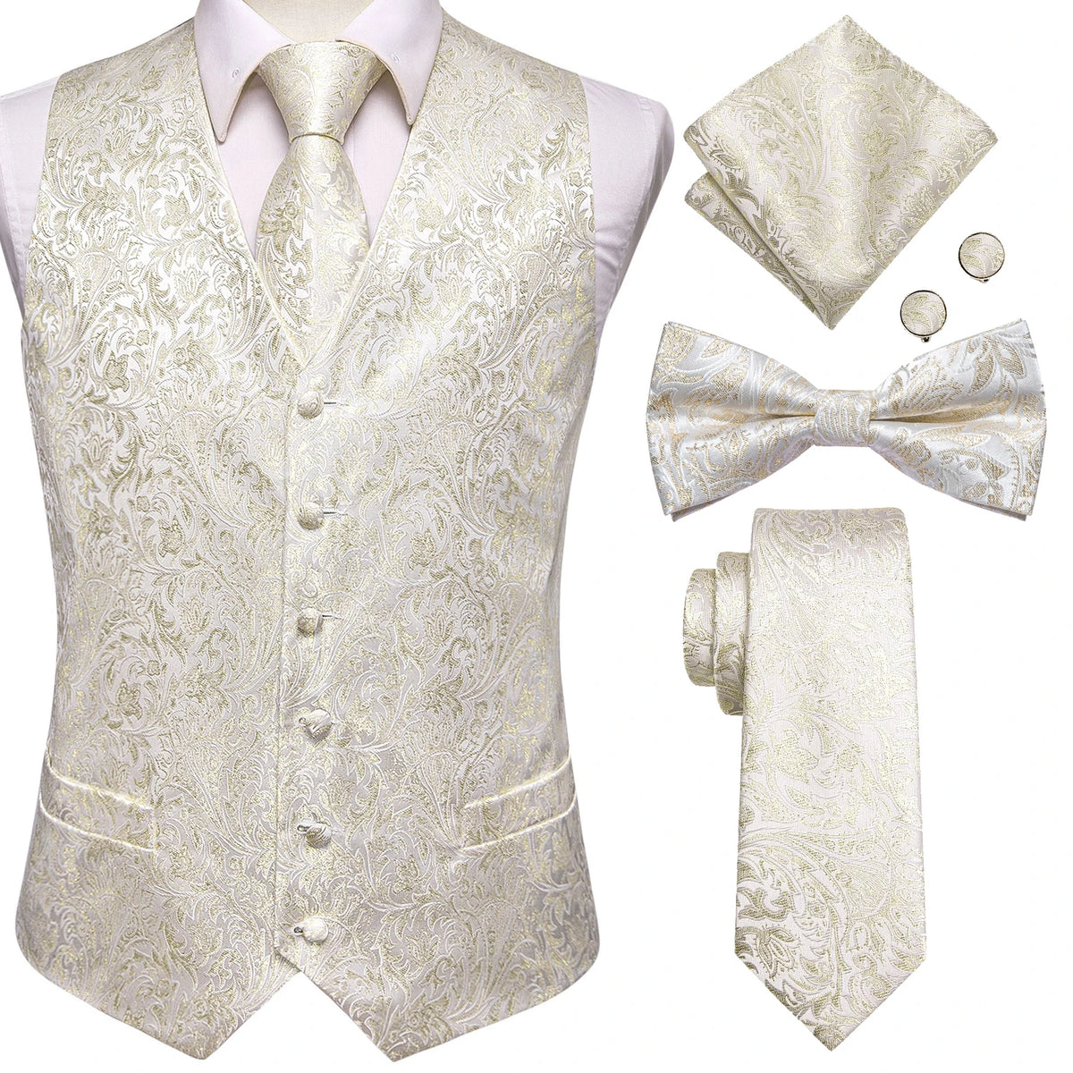 Luxury Gold Mens Suit Vest Red Blue Green Yellow Red Waistcoat Tie Bowtie Hanky Cufflinks Set Male Waist Jacket Wedding Office