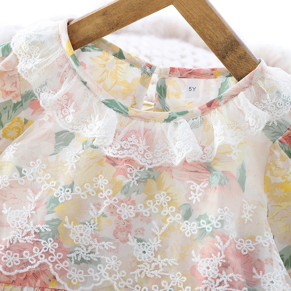 Kids Dresses for Girls Casual Lace-Trimmed Crewneck Long Sleeve Dress Children's Clothes