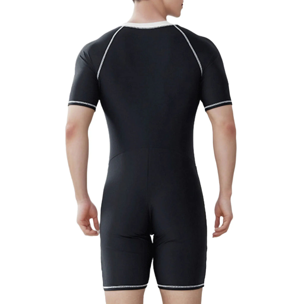 Mens Swim Leotard Summer One-Piece Rash Guard Swimsuit Bathing Suit Beachwear Swimwear Short Sleeve Front Zipper Jumpsuit Romper