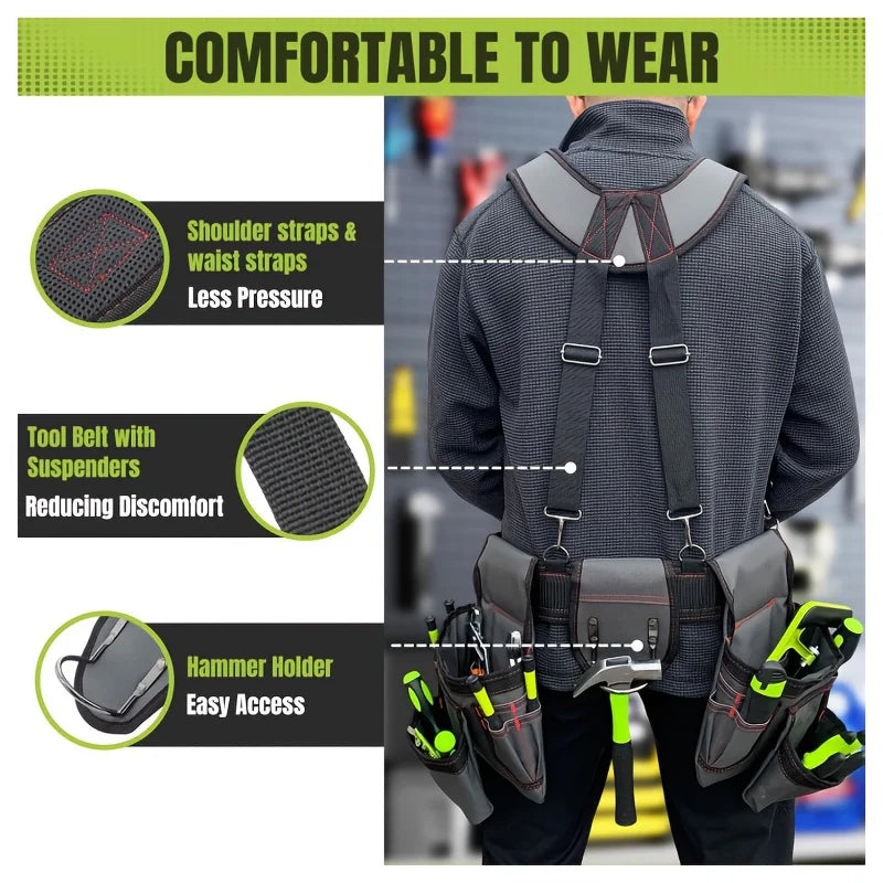 Tool Belt for Men, 32 to 66 Inches Adjustable Tool Belt with Suspenders for Electricians, Carpenters, Construction Workers