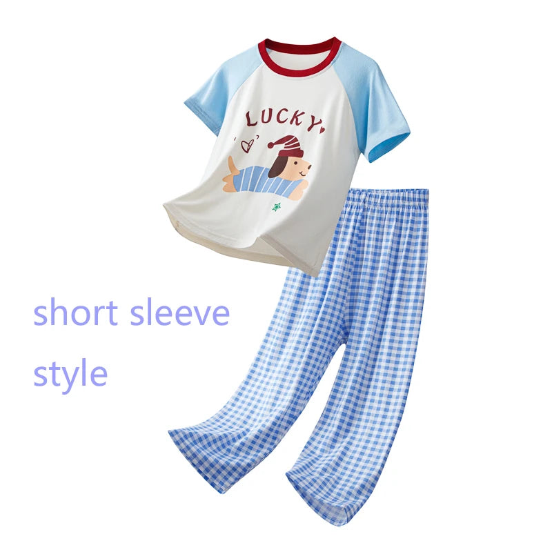 Kids Modal Pajamas Set, Short Sleeve Long Pants Cartoon Loungewear, Breathable Cool Soft Sleepwear For Boys Girls