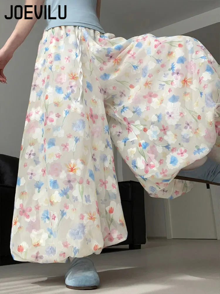 Summer French Style Floral Palazzo Pants Women High Waist Loose Boho Print Wide Leg Trousers with Drapery Comfortable & Elegant