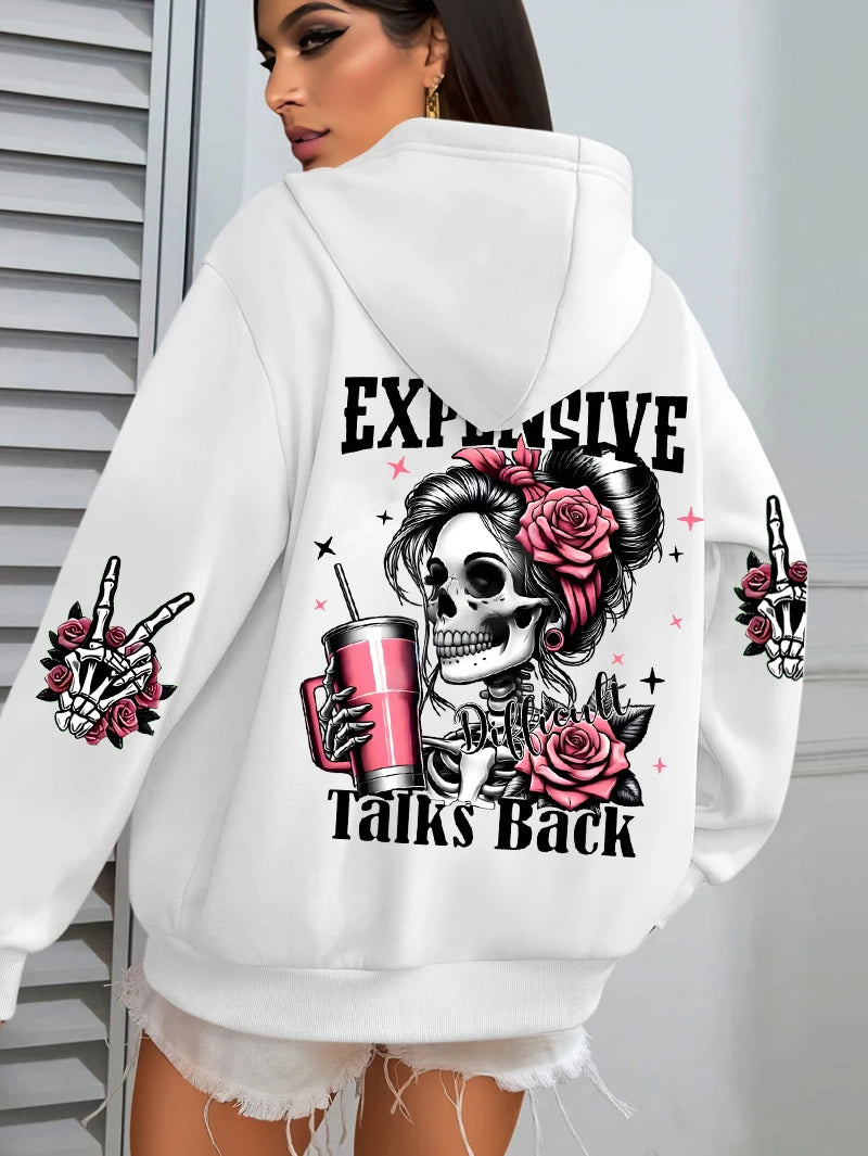 Expensive Talks Back Funny Printing Womens Plus Size Hoodie Multicolor Pullovers Fleece Autumn Sportswear Casual Pocket Hoody