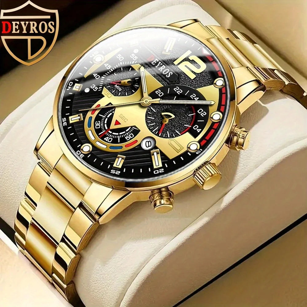 5Pieces/Set,Men's Watch Set, Fashion Classic Quartz Men's Watch, Necklace, Ring, Bracelet Men's Jewelry Set, Ideal Gift for Men.