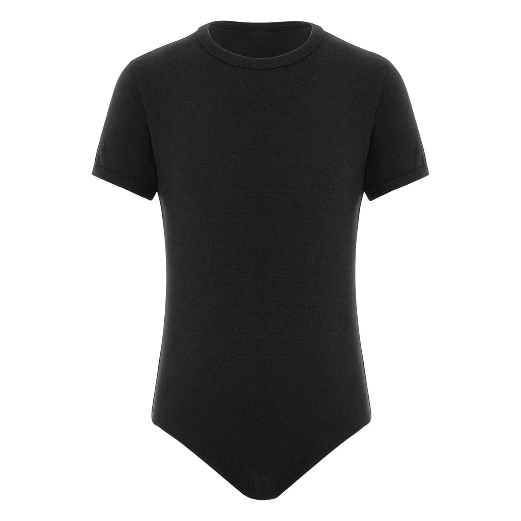 Kids Boys Ballet Gymnastic Dance Costume Jumpsuits Yoga Sports Dancewear Solid Color Short Sleeve Press Buttons Crotch Leotards
