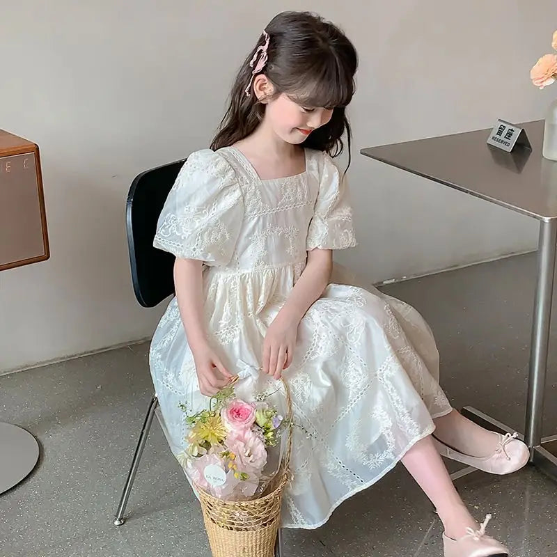 Kids Dresses Teenage White Wedding Party Lace Girl Dress Puff Sleeve Children Carnival Spring Autumn 4 6 7 9 10 12 Years Clothes
