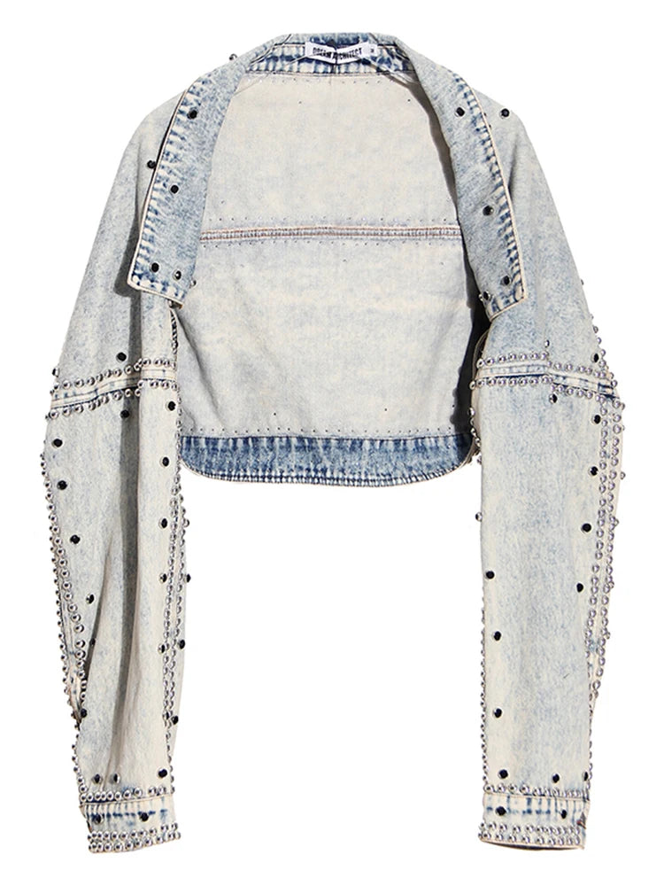 DEAT Casual Fashion Women's Denim Jackets New Solid Long Sleeve Turn-down Collar Patchwork Rivet Coat Female Summer 2024 17A1756