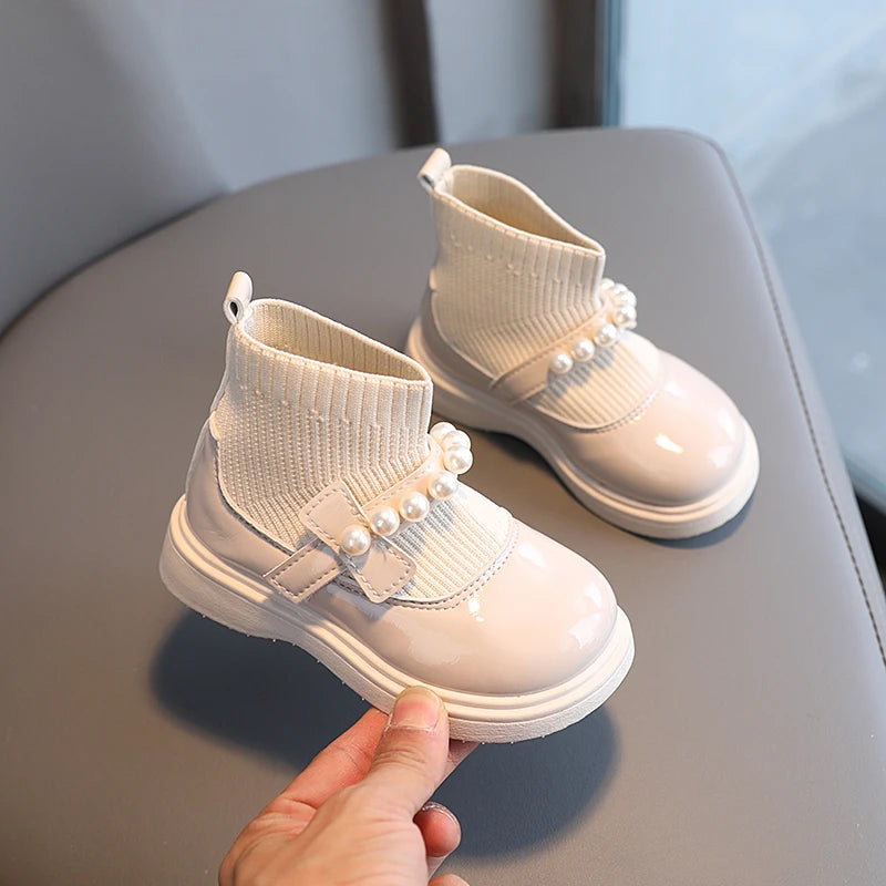 Girl's Short Boots Ankle-High Beading Autumn Fly-Woven Kids Sock Boot Wedges Flexiable Sweet Slip-on Toddler Children Boot 21-30
