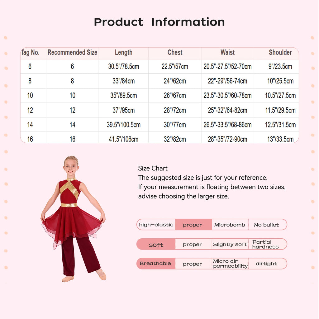 Kids Girls Liturgical Dance Outfits Sleeveless Asymmetrical Hem Contrast Color Dress Sequin Bodice Tunic with Wide-Leg Pants Set