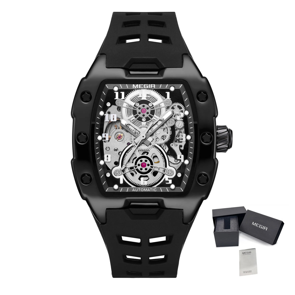MEGIR Automatic Mechanical Watches for Men 43MM Tonneau Skeleton Dial Man Wristwatch Waterproof Luminous Male Clock Reloj Hombre