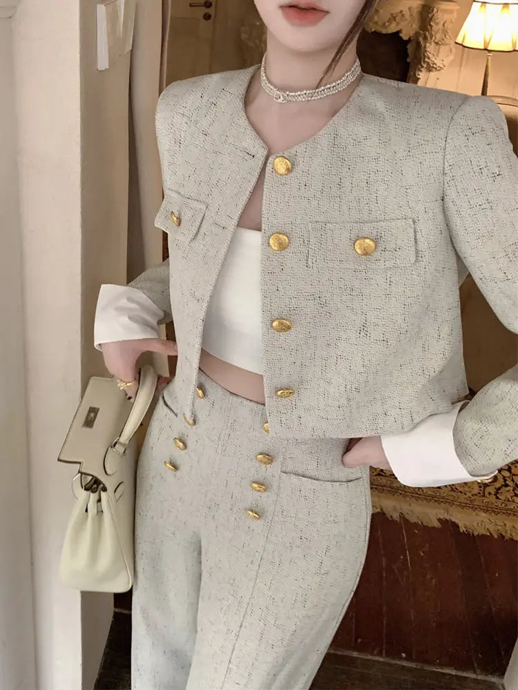 2025 Spring Autumn Women's Retro Casual Suit Jacket Wide Leg Pants Set Commuting Solid Round Neck Single Breasted Two-piece Sets