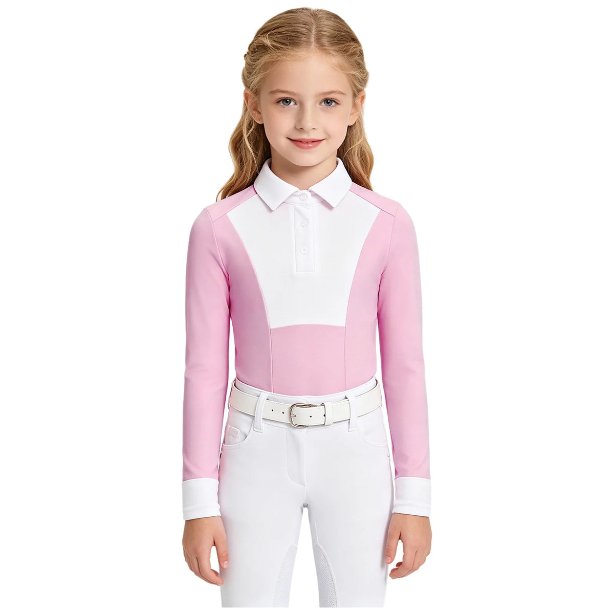 Kids Girls Horse Riding Sports Shirts Top Long Sleeve Buttons Contrast Color Shirt Equestrian Clothing Golf Workout Activewear