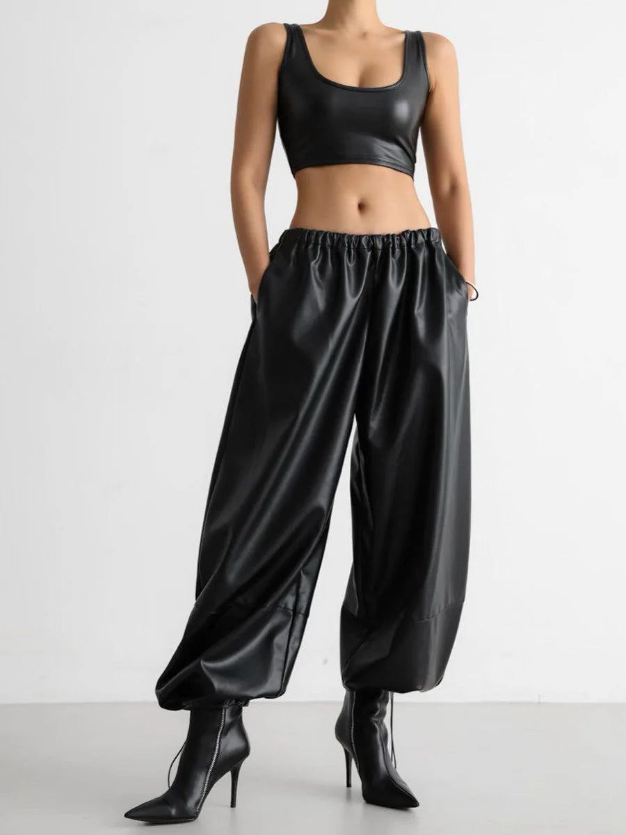 Women's Leather Pants with Drawstring and Tapered Cuffs New Style for Autumn and Winter 2025 Loose Fit.