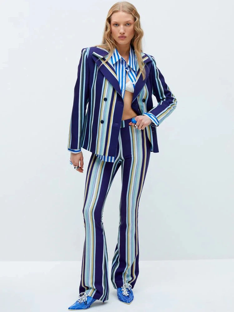 HIGH STREET Newest Fashion 2026 Designer Runway Suit Set Women's Colorful Striped Blazer Jacket Flare Pants Set 2pcs