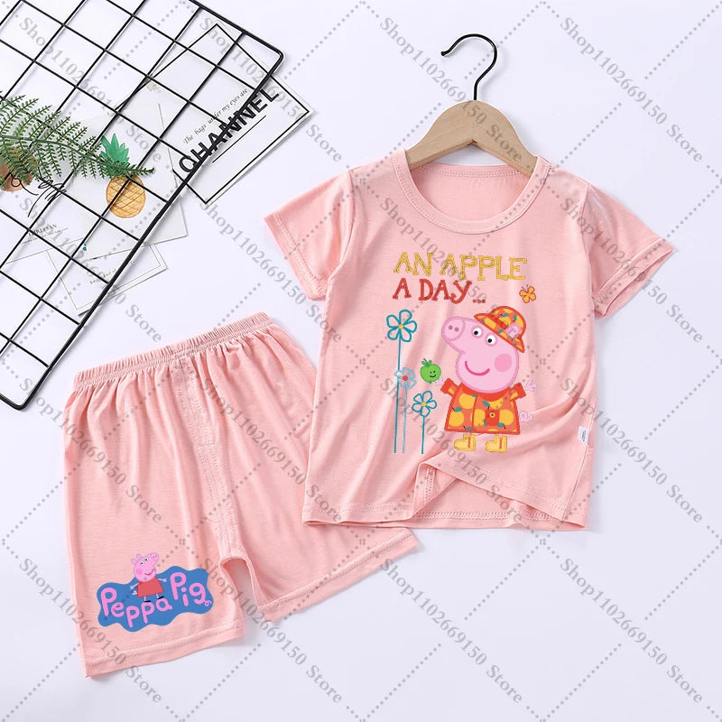 Children Anime Cute Pajama Set Cartoon Peppa Pigs Casual Pajamas Summer Clothing Nightwear Homewear Short Sleeve Loungewear Gift