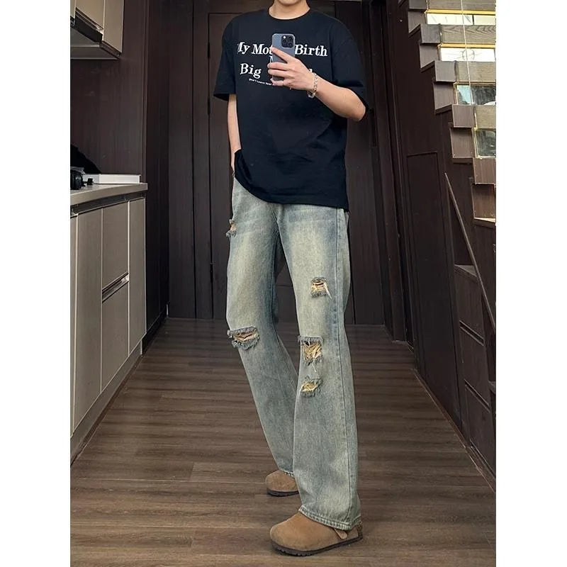 Man Pants Mens Jeans Baggy Jeans Distressed Loose Straight Leg Summer Retro High Street Casual Trousers For Men