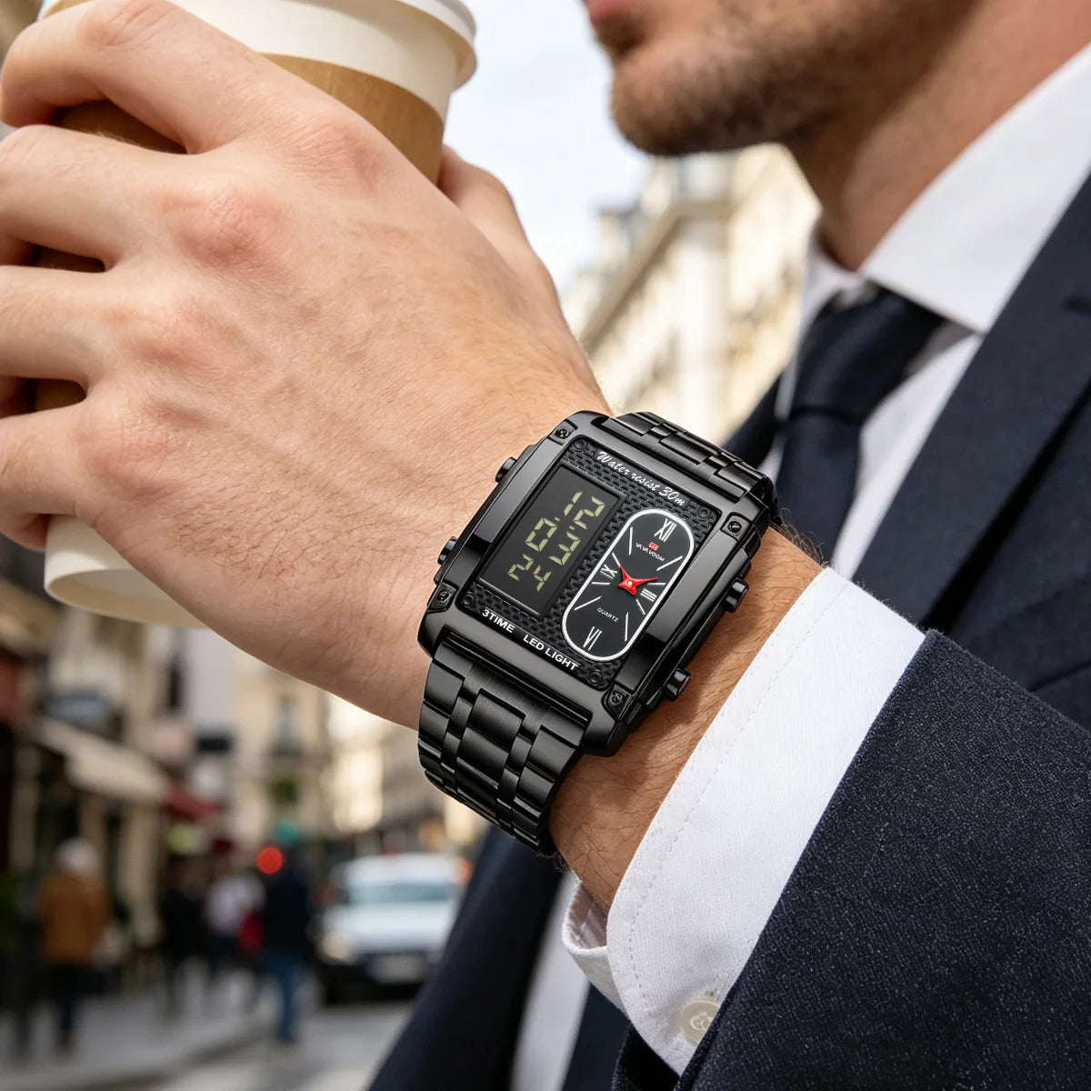 Men Electronic Watch With 50mm Rectangular LED Display Gold Stainless Steel Timing Clock Suitable Business Leisure Watch for Men